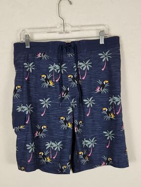 Tropical Print Swim Shorts Men's Size Medium Stretchy 31 Inch Waist Navy Blue